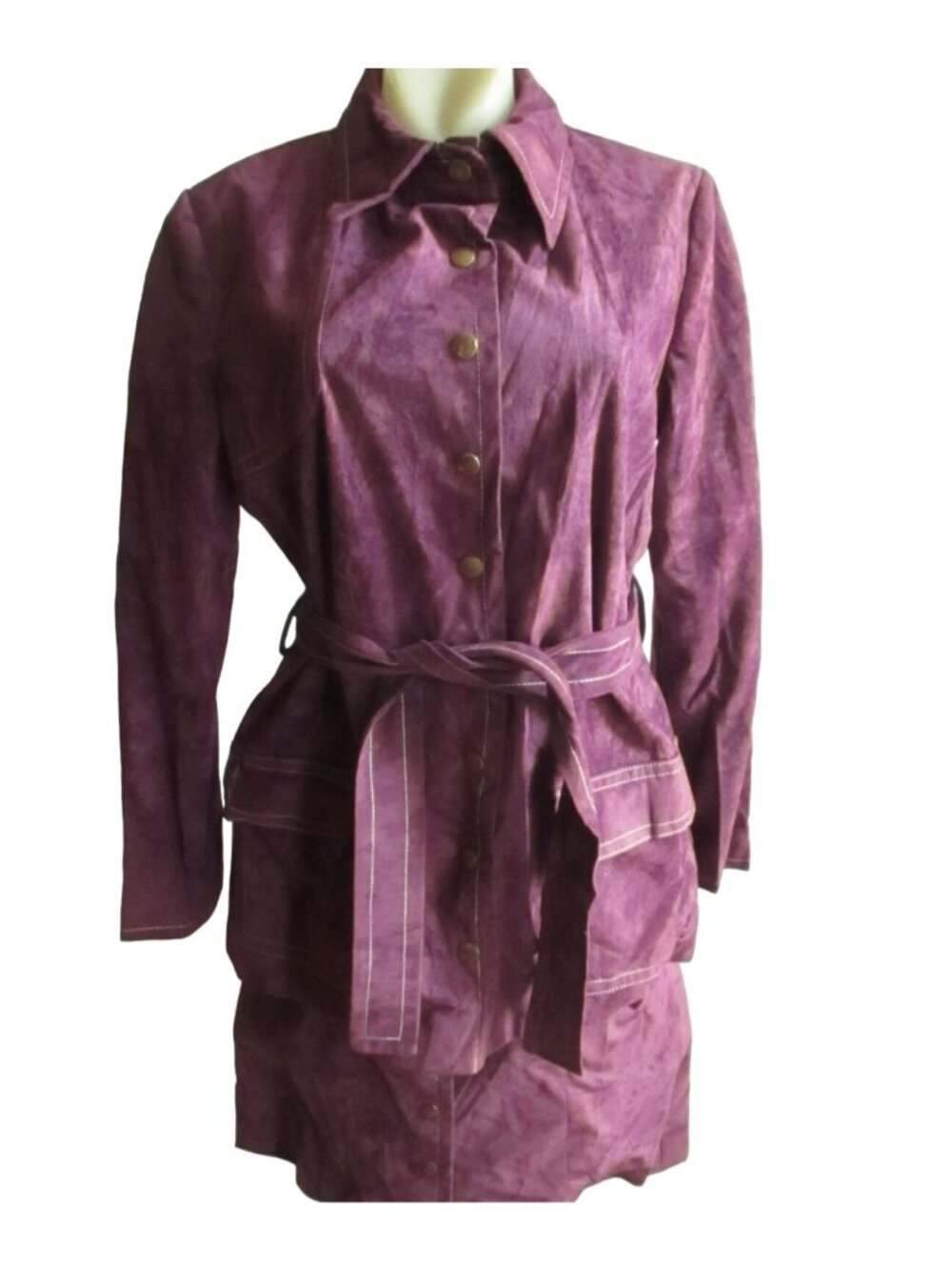 sz 8 1970's Purple Velveteen Vintage Women's Jacket Skirt Set Chuck Howard MOD